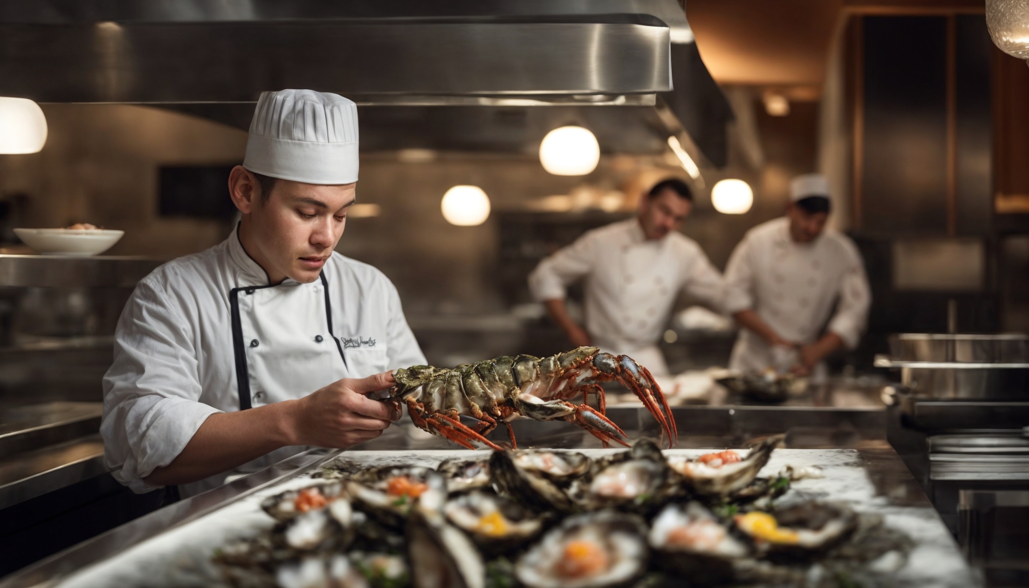 Chef menyajikan hidangan seafood segar di restoran London yang elegan