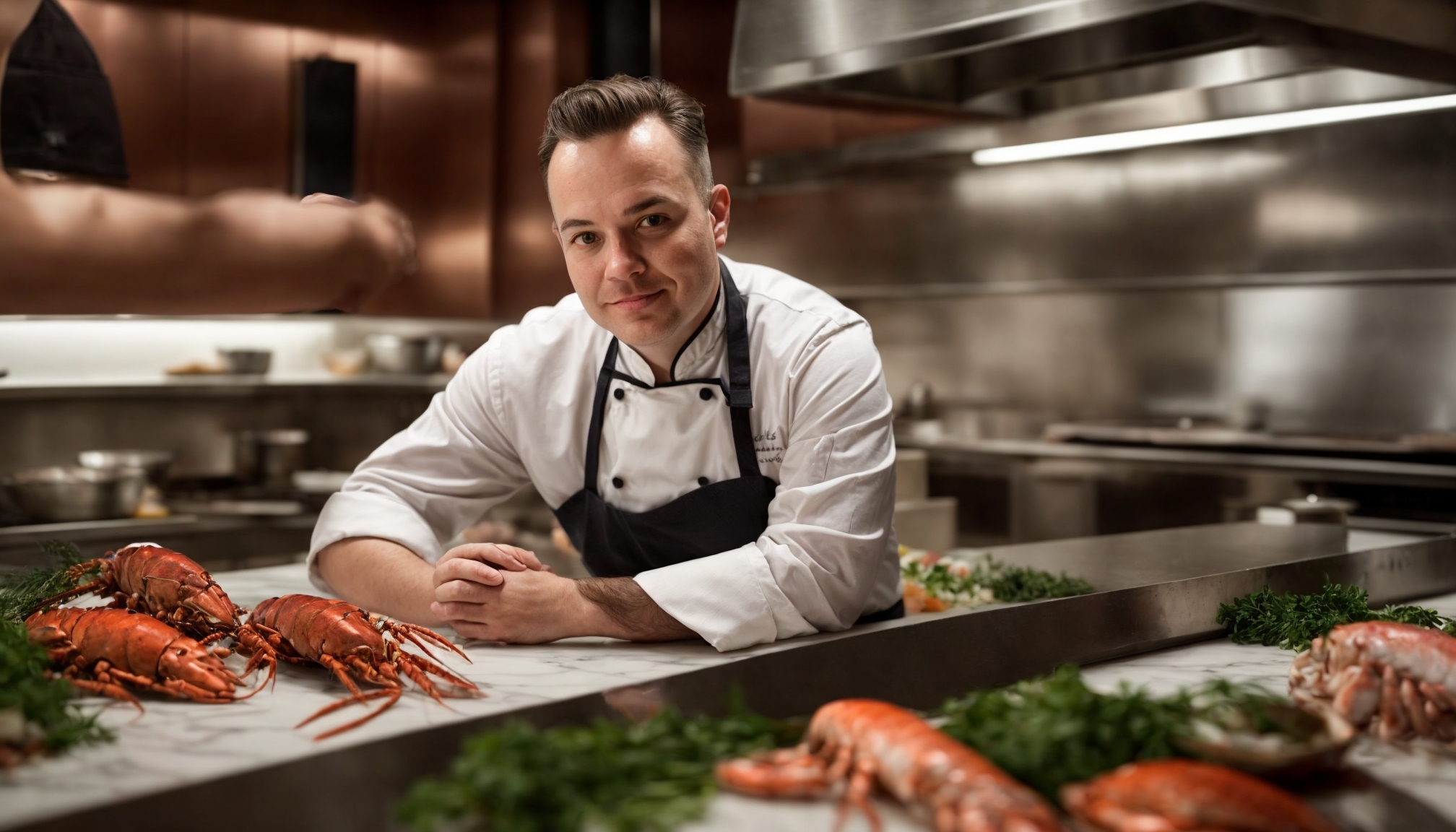 Chef profesional menyiapkan hidangan seafood klasik London di dapur restoran fine dining