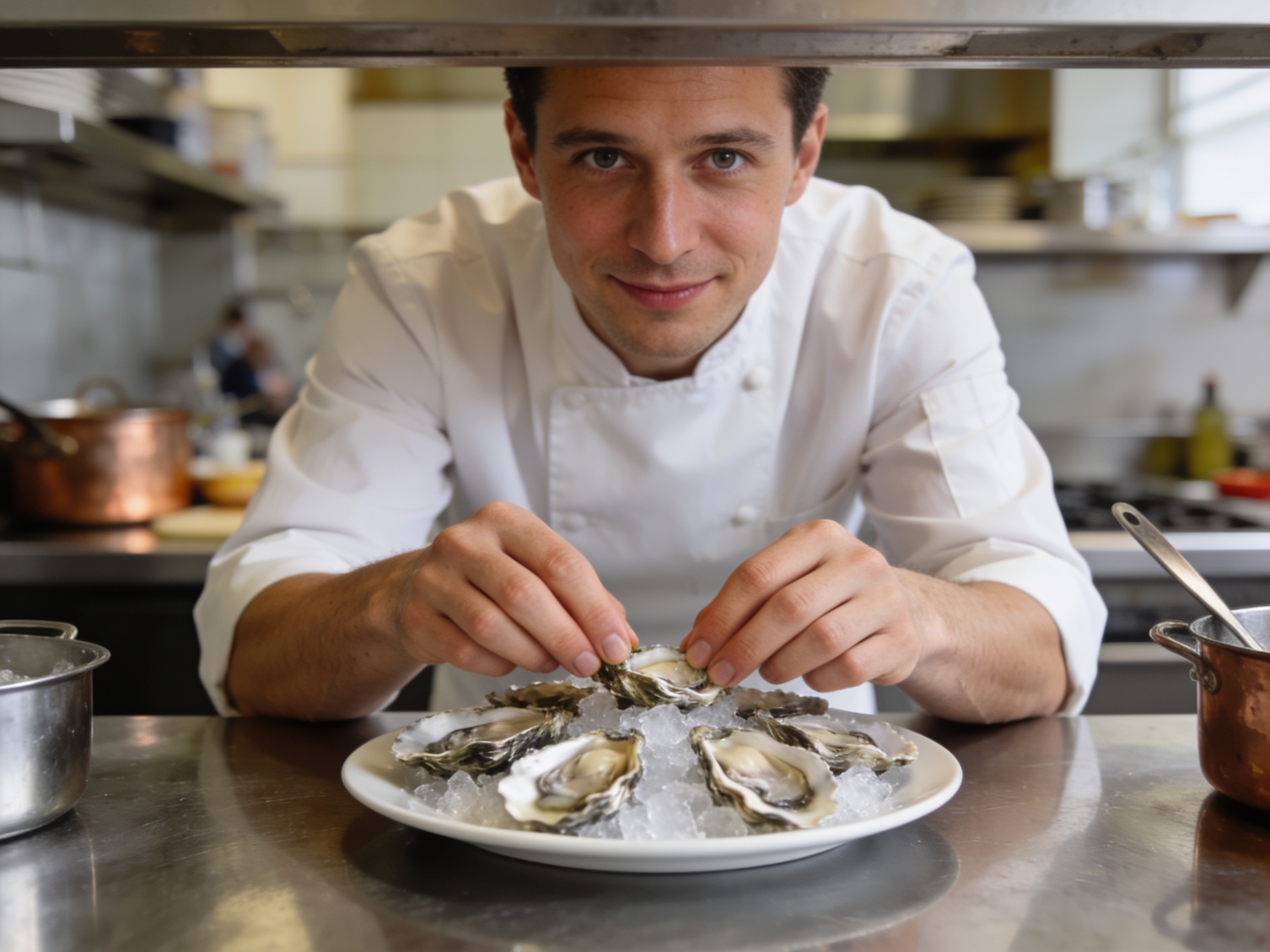 Tangan chef sedang menyajikan hidangan seafood segar di dapur London