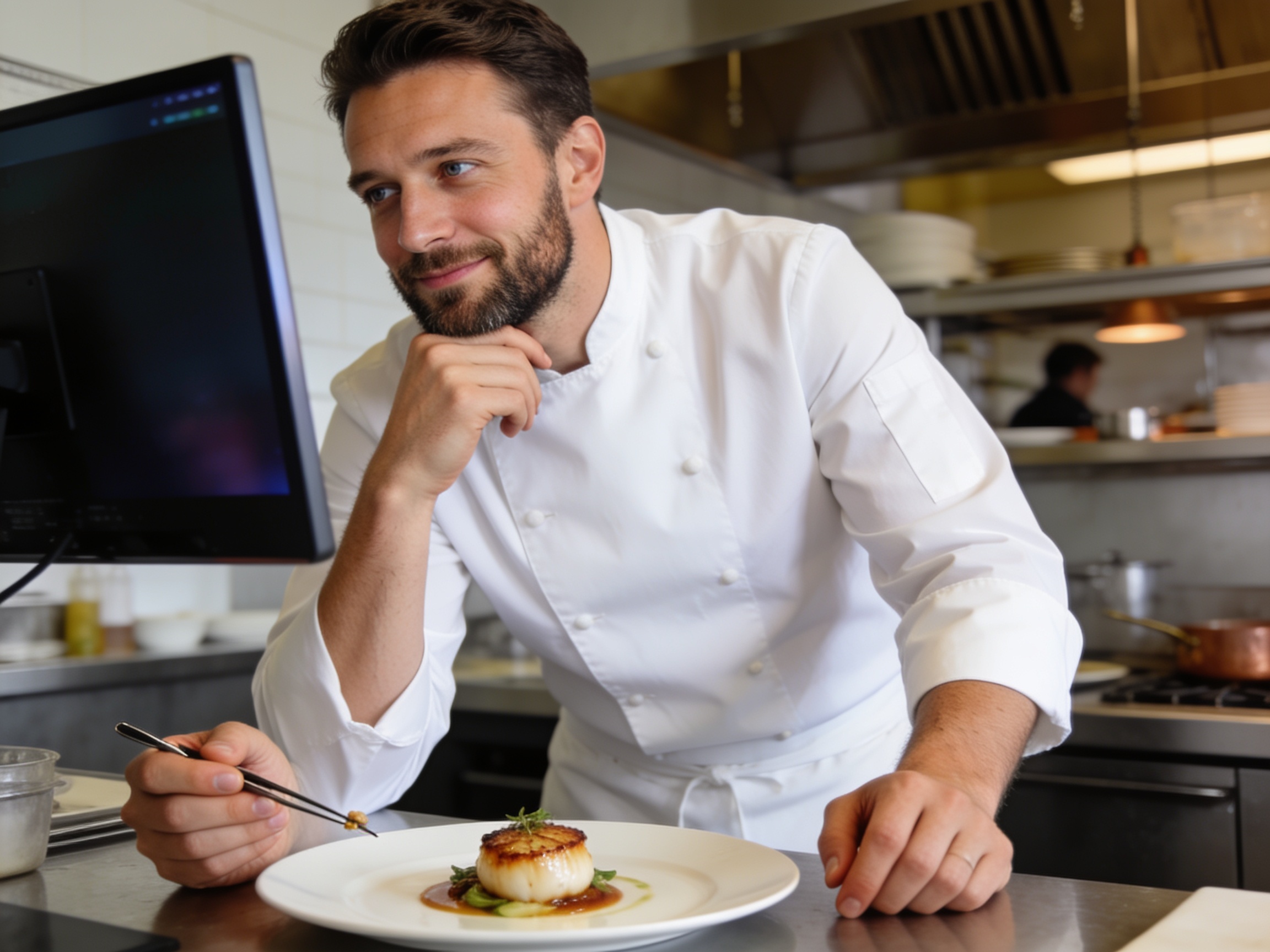 Chef profesional Eropa sedang mempraktikkan cara memasak seafood chef dengan teknik plating presisi di dapur London.
