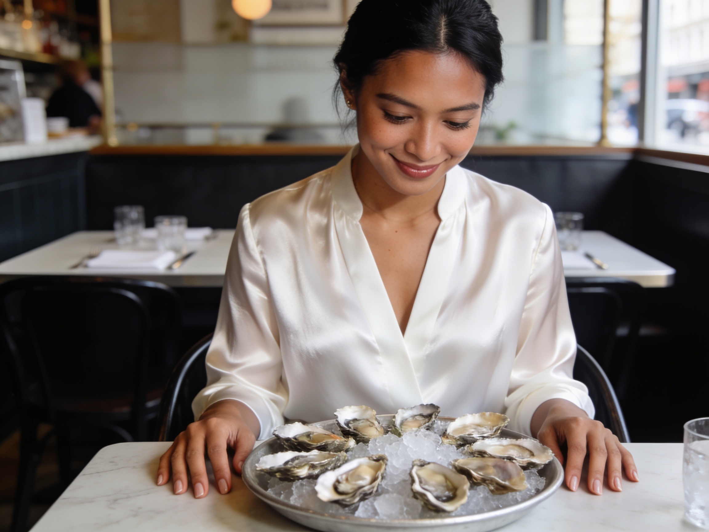 Wanita Indonesia memeriksa hidangan oyster segar di restoran seafood terbaik London