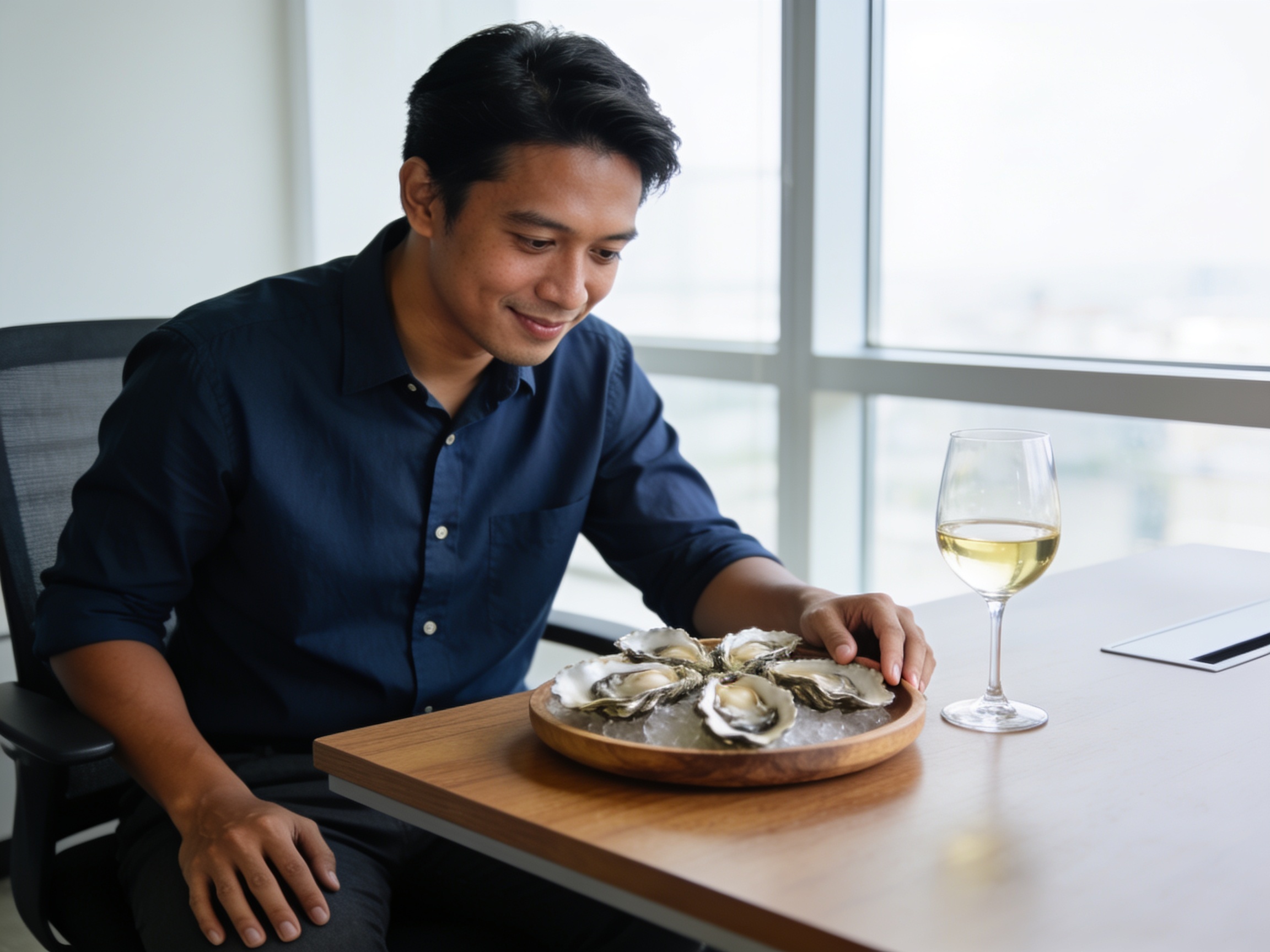 Pria Indonesia memeriksa tiram segar di restoran seafood terbaik London.