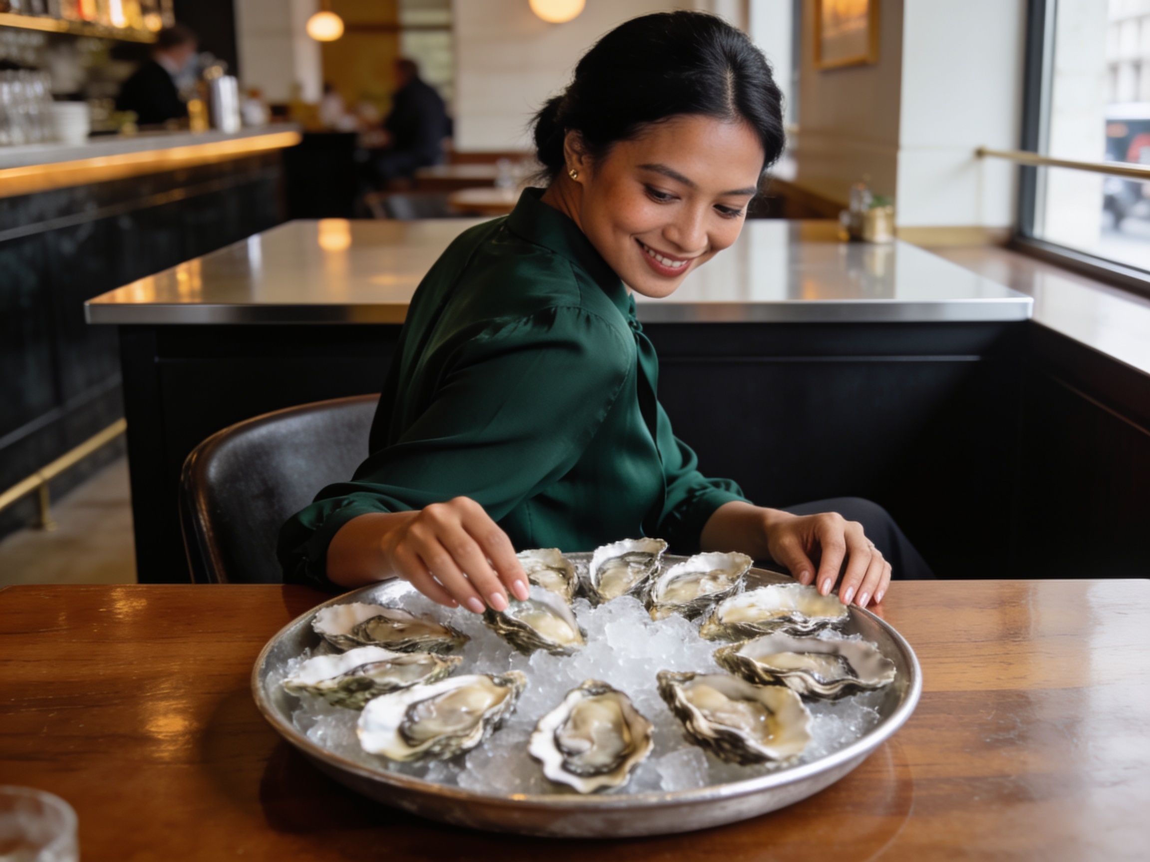 Perempuan Indonesia memeriksa hidangan tiram segar di restoran seafood terbaik London.