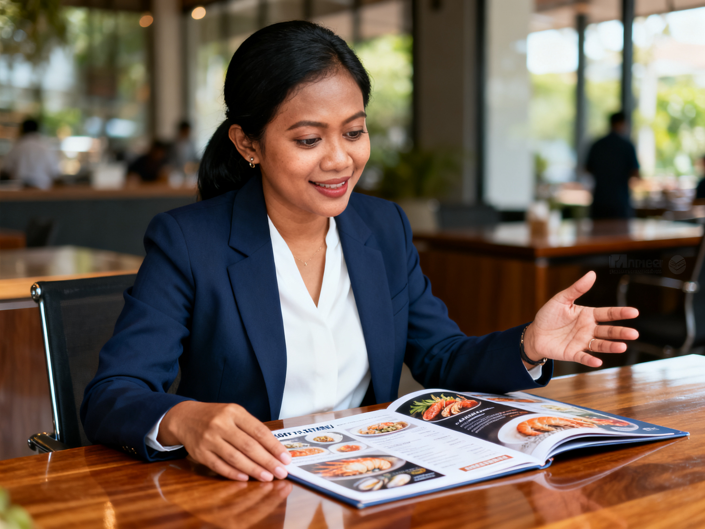 restaurant seafood terbaik London menampilkan wanita Indonesia memeriksa menu tasting seafood di meja kayu