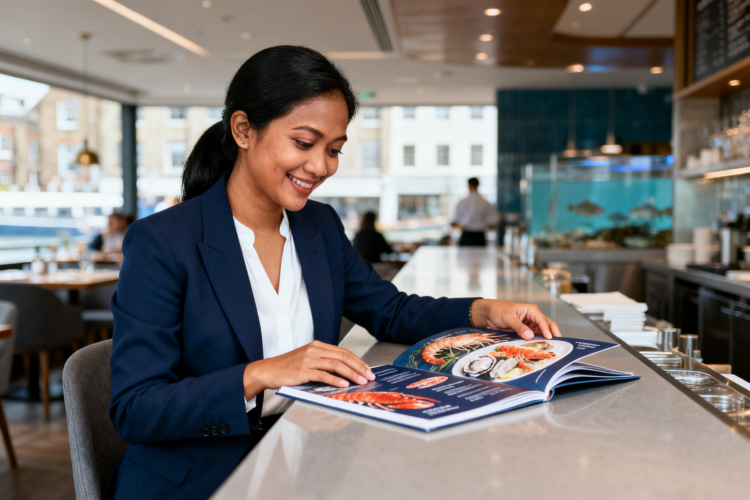 restoran seafood London populer menampilkan menu lokal dengan chef memeriksa booklet